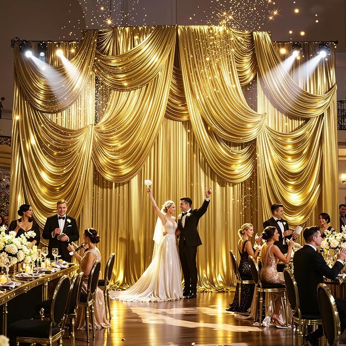 Dark Gold Glitter Backdrop Curtains - 20x12FT Satin Photo Backdrop, Wrinkle-Free Shimmer Back Drop Cloth Shiny Drapes for Photobooth Wedding Birthday Parties Photoshoot Background Decorations