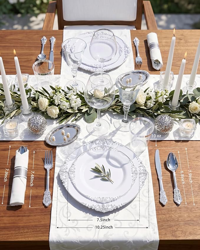 Nervure 350PCS Silver Plastic Plates - Silver Plastic Dinnerware Sets for 50 Guests - 100 Disposable Plates, 150 Silverware, 50 Cups, 50 Napkins for Wedding & Party