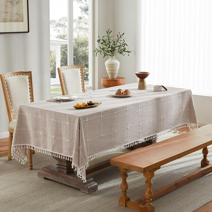 ZeeMart Boho Grid Table Cloth with Tassels (Taupe, 60" x 120"), Heavy Weight Linen Checked Embroidered Farmhouse Tablecloth, Water Resistant Rectangle Beige Tablecloths