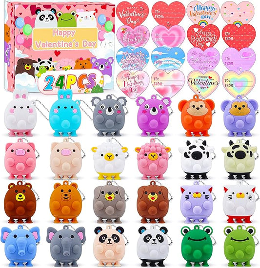 Valentines Day Cards for Kids School , 24PCS Animal Pop Suction Toys with Valentines Cards for Kids Classroom, Valentines Party Favors for Boys Girls