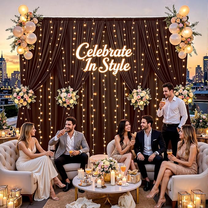 Brown Backdrop Curtains with Lights for Parties,20x10FT Wrinkle Free Wedding Photo Backdrop Curatin Drapes Fabric for Baby Shower Birthday Ceremony Reception Home Party Decorations