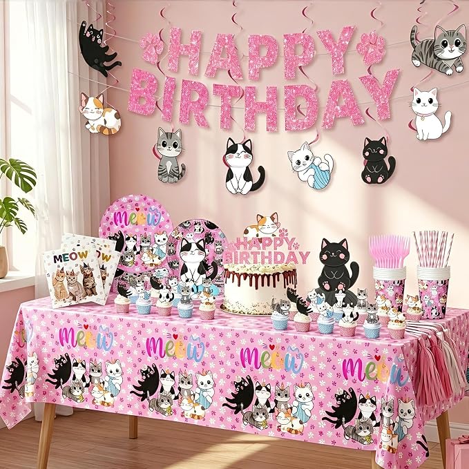 188PCS Cat Party Supplies Set - Complete Cat Themed Birthday Party Decorations with Plates, Cups, Napkins, Tablecloth, Honeycomb Centerpieces,Banner and Hanging Swirls