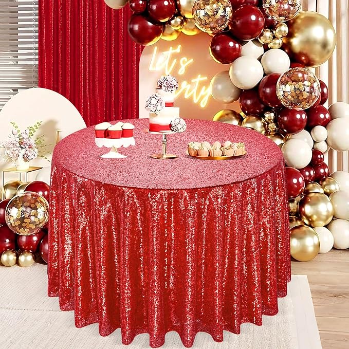 B-COOL Sequin Tablecloth Round Party Decorations: Red Table Cloth Overlay 132 Inch Large Sparkle Fabric for Christmas Birthday Beach Parties