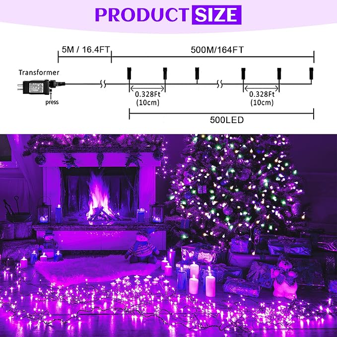 kemooie 500 LED Purple Christmas Lights, 164 FT 8 Lighting Mode Plug in Waterproof Christmas Lights Outdoor, for Birthday Christmas Wedding Party Garden Balcony Decor (Purple)