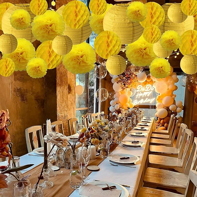 WOLHOWLTD Yellow Paper Decoration Set - 34 Pcs Paper Lanterns, Pompoms, Honeycomb for Wedding,Harvest, Summer Aloha Party, School Day,Baby Shower,Birthday Party Classroom,Home Decoration(Yellow)
