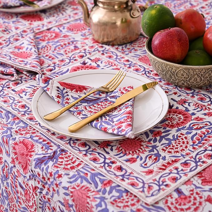 Hand Block Printed Tablecloth, Colorful Floral Print, Indian Artisan Handmade Art, Dining Room, Kitchen, Outdoor Décor, (Flamingo Pink, 6 Seater 60 x 90 Inches Rectangle)