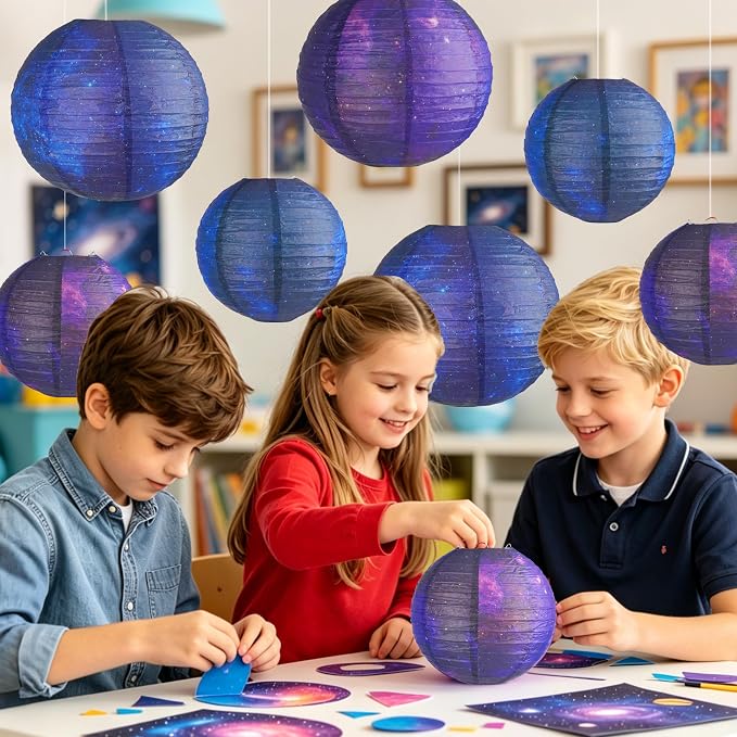 12 PCS Galaxy Paper Lanterns Space Themed Party Decorations, 6 x 12 Inch & 6 x 8 Inch Hanging Round Paper Lanterns for Galaxy Birthday Party Ceiling Room Classroom Decor
