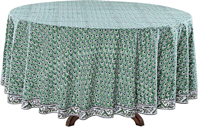 Ridhi Round Tablecloth Hand Block Print 100% Cotton Reusable Basil Green 132 Inch Table Cover Decorative Everyday Use for Dining, Home, Party, Wedding, Farmhouse, Party Gift for Spring, Mother's Day