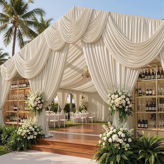 20ftx40ft Beige Ceiling Curtain for Wedding Parties – 4 Panels Wrinkle-Free 40 FT Long Tent Draping Curtains for Wedding, Birthday & Theme Parties, 40ft Height with Rod Pocket