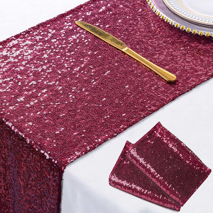 ShinyBeauty Sequin Table Runner 12''x108'' 2 Packs Burgundy Glitter Table Runners 108 Inches Long Wedding Table Runner， Christmas, Kitchen, Birthday Party