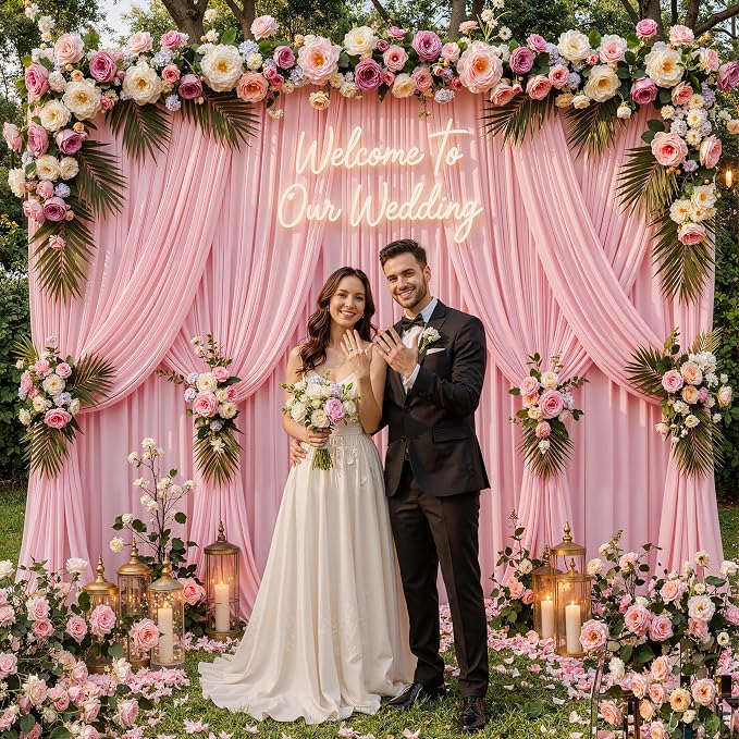 40ftx12ft Wrinkle Free Pink Backdrop Curtain, 8 Panels 12FT Long Wedding Photo Backdrop Drapes, Silky Polyester Back Drop Cloth for Birthday Photography Background Party Backdrop Draping