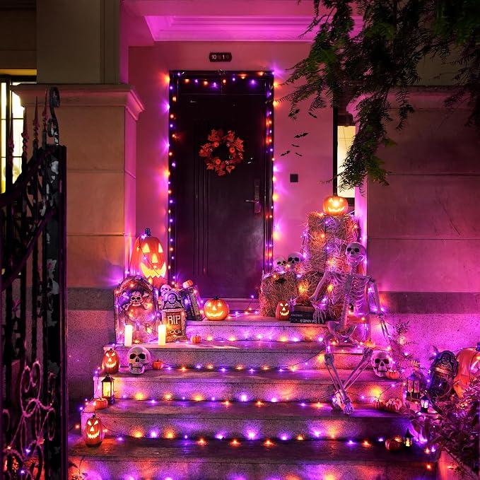 JMEXSUSS 250LED Orange and Purple String Lights Outdoor Waterproof, 8 Lighting Modes Orange and Purple Christmas Lights 91.5ft Connectable Halloween Light Indoor for Tree Yard Patio House Decor
