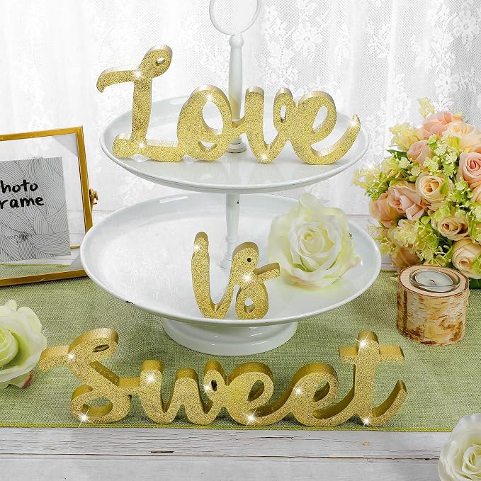 Love Is Sweet Table Decor Hollow Sign Wooden Love Is Sweet Sign for Dessert Table Freestanding Wood Is Wooden Letter Top for Wedding Shelf(Glitter Gold)