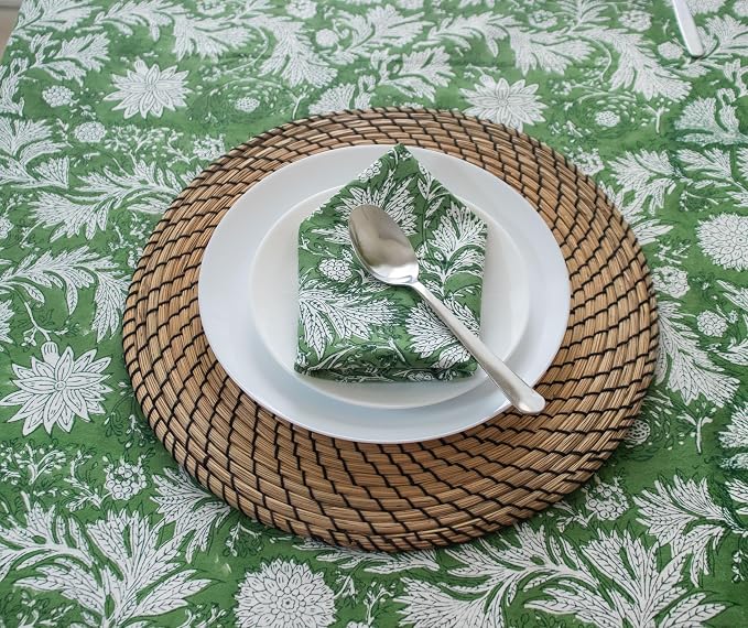 Chirstmas Green Block Print Table Cloth- 60x108 Inch Rectangle 100% Cotton Handmade Pre-Shrink, Washable for Spring, Kitchen & Dining Perfect for Patio, Indoor & Outdoor, Farmhouse