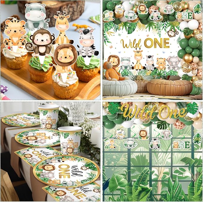 Wild Birthday Decorations,Safari Birthday Decorations 277Pcs Wild Plates and Napkin Sets Banner Backdrop Tablecloth Cake Topper Balloon Garland for Jungle 1st birthday Decorations