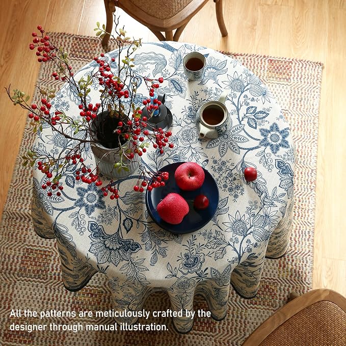 ISAENNE Designer Vintage Linen Round Tablecloth,Diameter 67"-Ruyi B | French Elegant Table Cloth for Round Table,Blue Floral Pattern,Durable,Heavyweight,Dining Room,Kitchen,Thanksgiving,Decor
