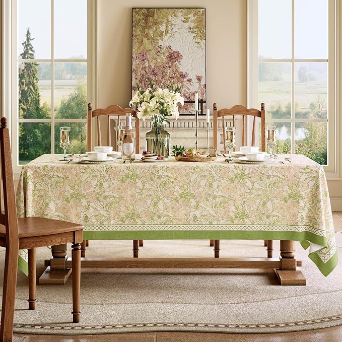 French Linen Tablecloth Square, Vintage Floral Table Cloth, Waterproof Table Cover for Picnic Dining Party Wedding, Sage Green, 55x55''