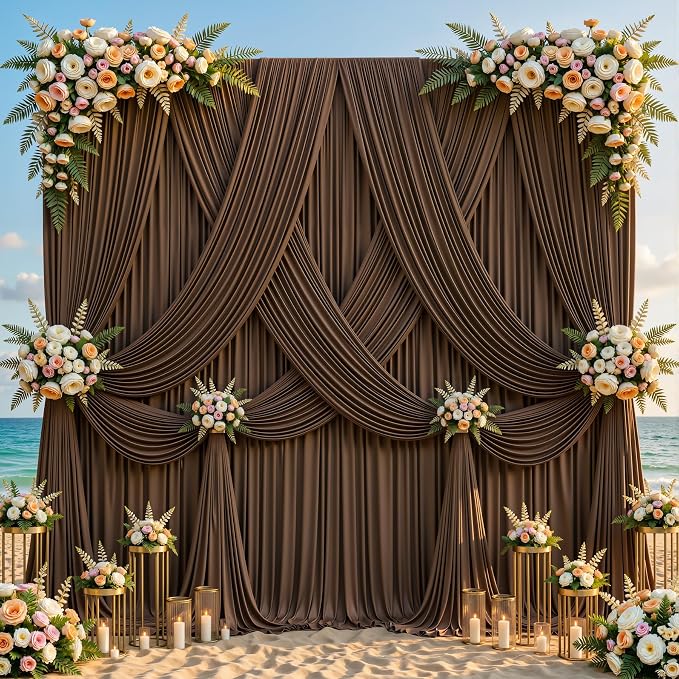 10ftx12ft Wrinkle Free Brown Backdrop Curtain, 8 Panels 12FT Long Wedding Photo Backdrop Drapes, Silky Polyester Back Drop Cloth for Birthday Photography Background Party Backdrop Draping