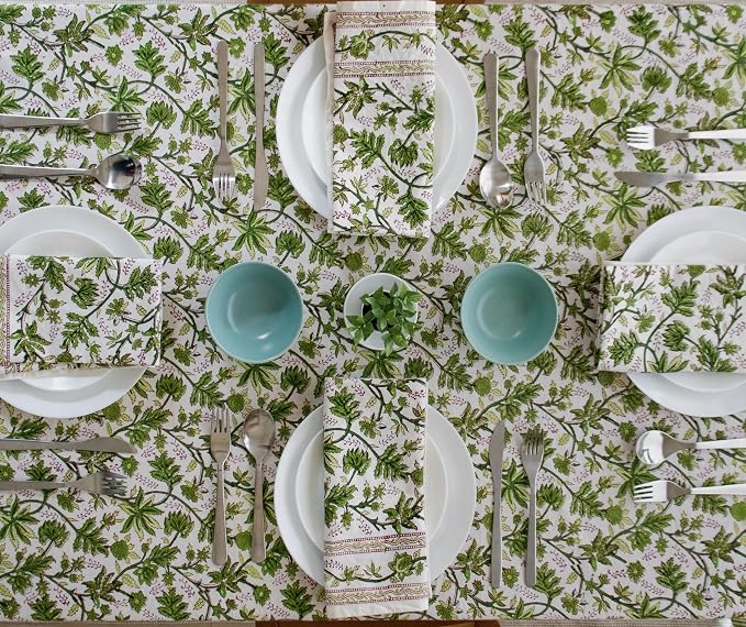 Light Green Block Print Table Cloth- 54x108 Inch Rectangle 100% Cotton Handmade Pre-Shrink, Washable for Spring, Kitchen & Dining Perfect for Chirstmas, Patio, Indoor & Outdoor, Farmhouse