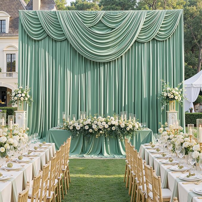 50ftx10ft Wrinkle Free Sage Green Backdrop Curtains for Parties, 10 Panels 5x10ft Silky Polyester Photo Backdrop Drapes Back Drop Cloth Drapery for Wedding Birthday Photography Background