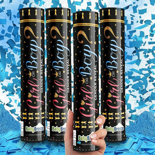 Gender Reveal Confetti Powder Cannon Biodegradable Baby Boy Blue Baby Girl Pink Gender Reveal Poppers - He or She What Will it Bee Baby Shower Baby Party Decorations Supplies Confetti Sticks (4 Blue)