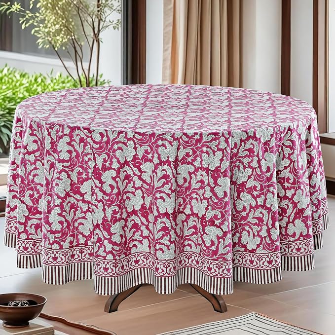 Ridhi Round Tablecloth Hand Block Print 100% Cotton Reusable Deep Pruce Red 110 Inch Table Cover Decorative Everyday Use for Dining, Home, Party, Wedding, Farmhouse Gift for Spring, Mother's Day