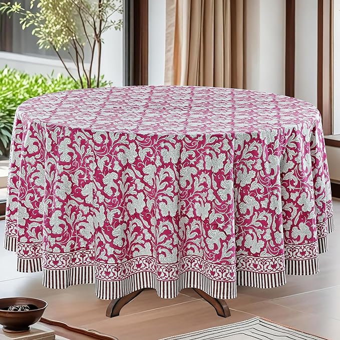 Ridhi Round Tablecloth Hand Block Print 100% Cotton Reusable Deep Pruce Red 60 Inch Table Cover Decorative Everyday Use for Dining, Home, Party, Wedding, Farmhouse, Party Gift for Spring, Mother's Day