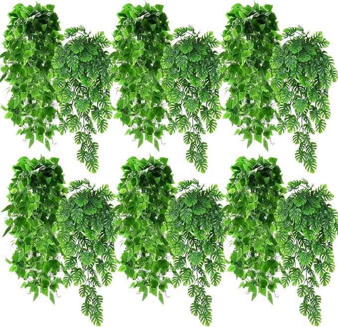 Daifunli 12 Pcs Artificial Hanging Plants Fake Hanging Ferns Plastic Fake Plant for Wall Room Garden Garland Indoor Outdoor Decor No Basket (Monstera Vine,Ivy Vine)