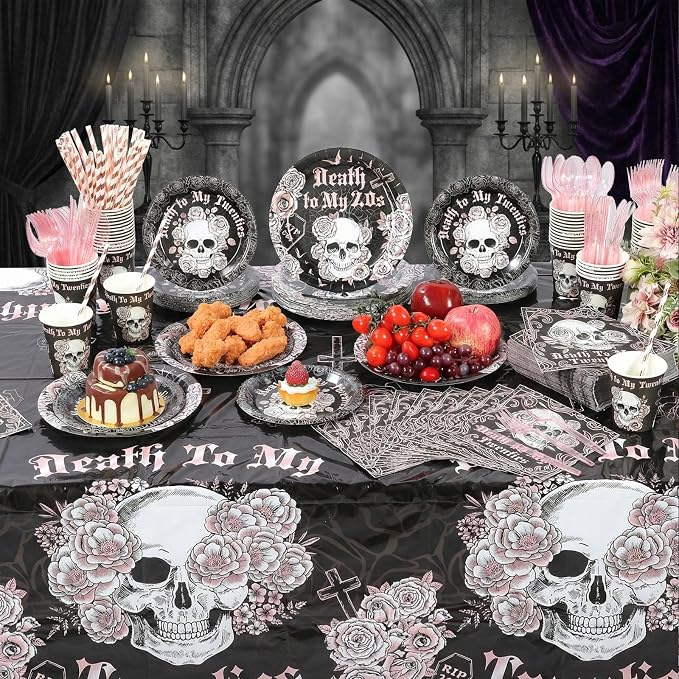 Funnymoom 452 Pcs Death to My 20s Decoration for Her Serves 50, Black Rose Gold Rip 20s Paper Plates Napkins Cups Tablecloth Cutlery Straw for Women Death to My Twenties 30th Birthday Party Supplies