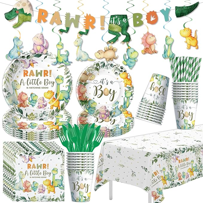 Dinosaur Baby Shower Decorations for Boy, Jungle Animal Dino Baby Boy Party Supplies, Dinosaur Theme Rawr It's a Boy Paper Plate, Napkin, Cup, Tablecloth, Cutlery, Banner, Swirls, Serves 24