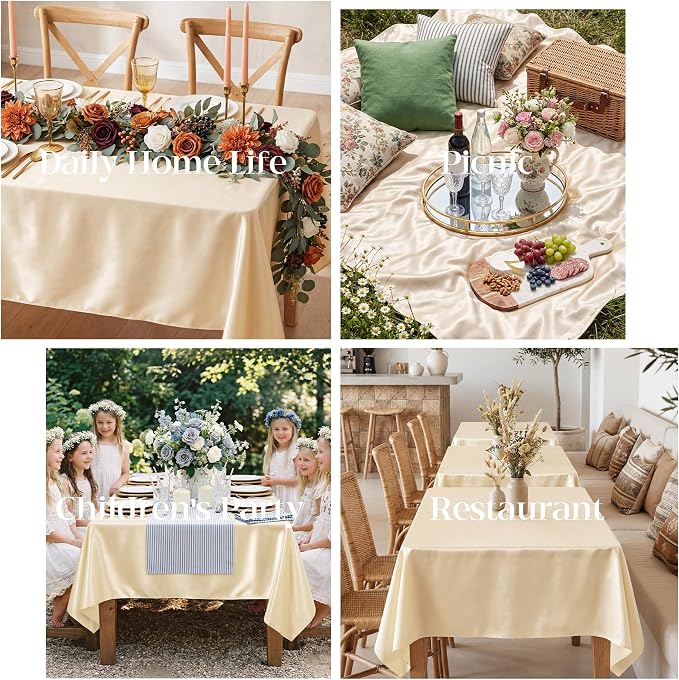 4 Pack Champagne Satin Tablecloth 58 x 102 Inches, Rectangular Satin Table Cloths for Wedding Reception, Birthday Party, Graduation & Holiday Banquet Tables