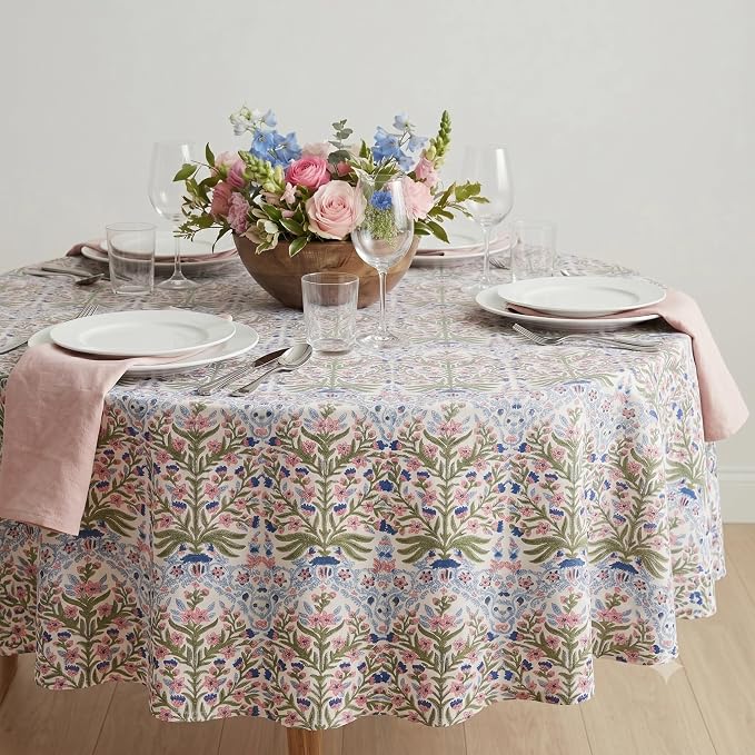 ATOSII Cotton Tablecloth 60" Inches Round Nargis Light Blue