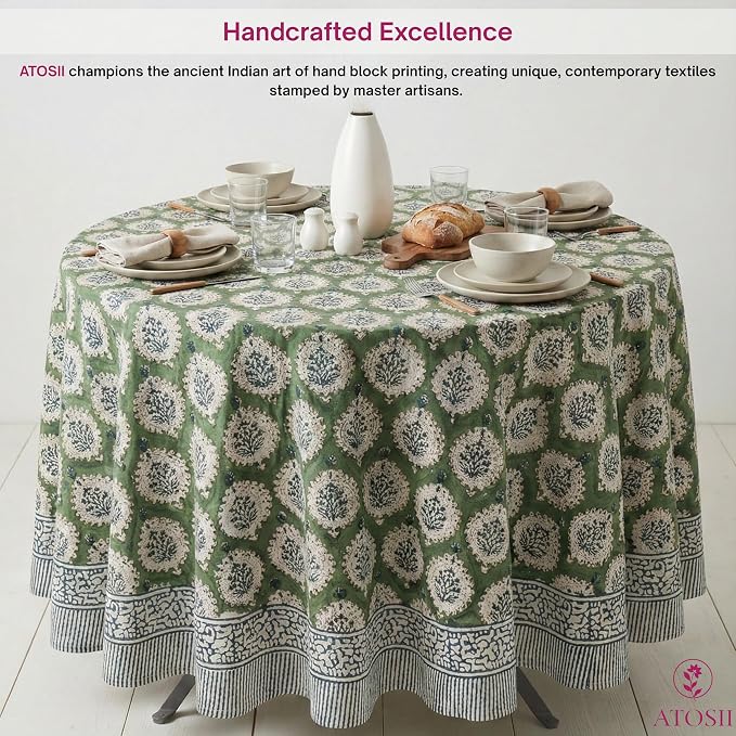 ATOSII Kari Green 100% Cotton Round Boho Spring Summer Tablecloth, Block Print Floral Table Cloth Linen for Dining, Parties, Weddings, OutdoorsI Home Table Decor 90" Inches Round