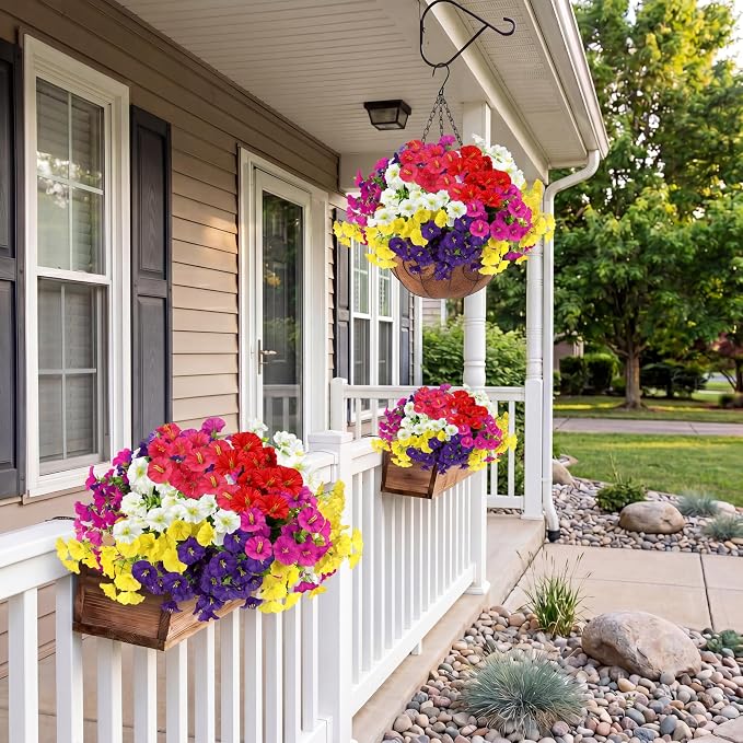 Artificial Flowers for Outdoors with Baskets Hanging Plant Faux Flowers UV Resistant Fake Silk Morning Glory with Eucalyptus for Planter Porch Garden Home Spring Summer Decoration(Mixed 6 colors)