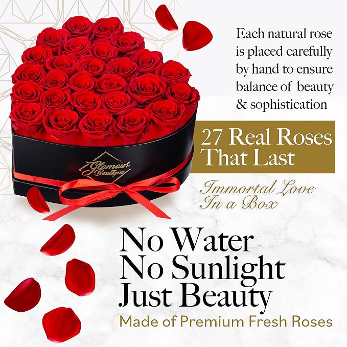 GLAMOUR BOUTIQUE 27 Flower Forever Heart Shape Box, Mothers Day Gift For Mom, Eternal Preserved Roses Gift for Her, Flowers bouquet, For Birthday, Anniversary, Girlfriend - Red