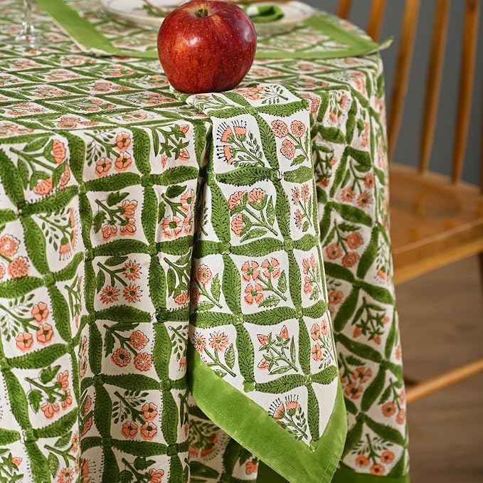 Hand Block Printed Tablecloth – Colorful Floral Print | 100% Cotton | Indian Artisan Handmade Art | Dining Room, Kitchen, Outdoor Décor, (Fresh Green Leaves, 4 Seater 60 Inches Round)