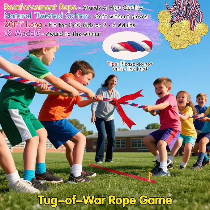 LINAYE Field Day Games for Kids Adults, Outdoor Activities Carnival Lawn Yard Family Reunion Survivor Games Tug of War Rope, Potato Sack Race Bags, Ring Toss, Throw and Catch Ball for Birthday Party