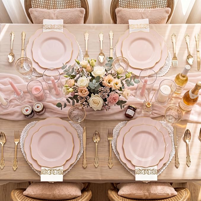 NOCCUR 175PCS Pink Plates with Gold Disposable Silverware - Include 50 Pink Plastic Plates,25 Knives,25 Forks,25 Spoons,25 Cups and 25 Napkins - Ideal for Party/Wedding/Banquet/Baby Shower