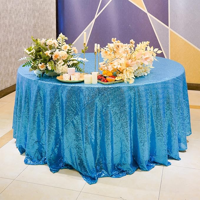 Baby Blue Sequin Tablecloth 120" Round Sequin Tablecloth Shimmer Table Cloth Sparkly Drape Table Cover Decorations for Engagement Weddings Party Baby Bridal Shower Decorations