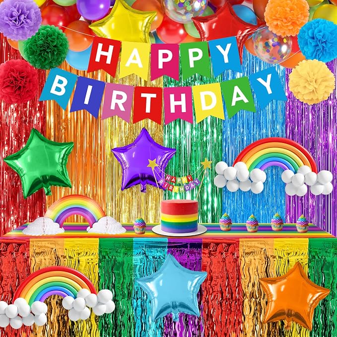 THAWAY Rainbow Birthday Decorations, 104Pcs Colorful Birthday Party Decorations for Boys and Girls, Rainbow Party Supplies Colorful Streamers Party Decors Set, Birthday Party Backdrop