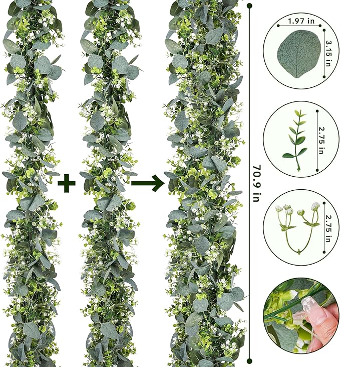 8 Pack Eucalyptus Garland, Faux Plant Artificial Greenery Garland with White Flowers 5.9Ft Eucalyptus Vine Table Centerpiece Decor Fake Vines for Home Mantle Party Wedding Decor Indoor/Outdoor