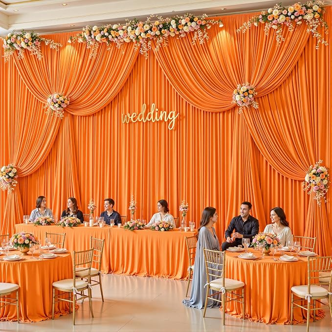 2 Panels Orange Backdrop Curtains - Wrinkle Free Fabric Backdrop Curtain for Photoshoot, 10FT Wedding Party Photo Backdrop Drapes for Birthday Baby Shower Photography Stage Background Decorations