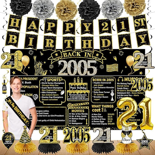 Zirtorei 21st Birthday Decorations for Him, 21pcs the Year 2005 Banner Balloon Party Supplies, Black Gold 21 Year Old Birthday Backdrop, 21 Bday Honeycomb Centerpiece Hanging Swirls Sash Gifts