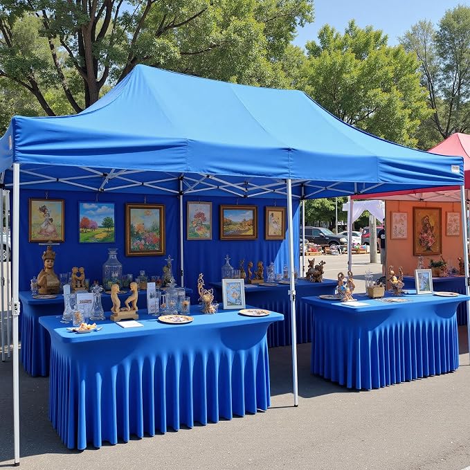 6 pk Royal Blue Spandex Tablecloths 8ft with Ruffle Table Skirt, Wrinkle Free Stretchy Fitted Tablecloth for 8 Foot Rectangle Tables, Elastic Spandex Table Covers 8ft for Party Wedding Banquet
