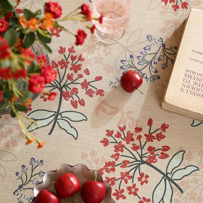 patdrea Vintage French Linen Tablecloth,Round,Diameter 55"-NewMari | Elegant Printed Table Cloth for Round Table,Red Floral Patterned,Durable,Dining Room Kitchen Tea Party Decoration