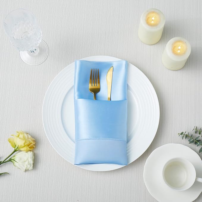 100 Pack Square Satin Dinner Napkins, 20x20 Inches Silky Soft Smooth Table Cloth Napkins for Restaurant Weddings Banquet Party Decoration, Light Blue