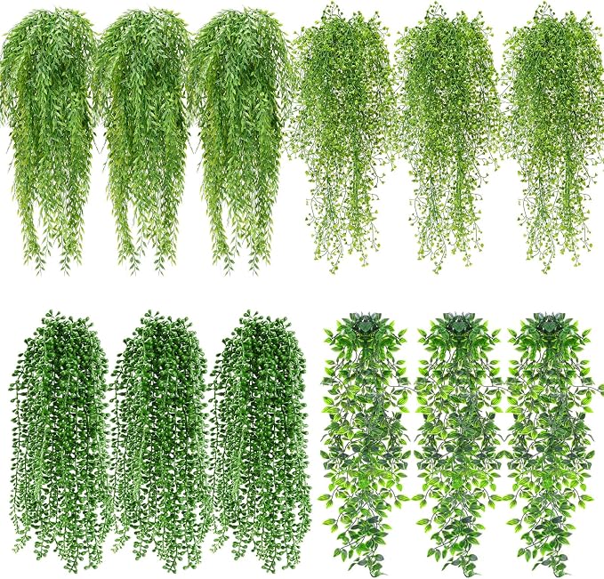 Daifunli 12 Pcs Artificial Hanging Plants Fake Hanging Ferns Plastic Fake Plant for Wall Room Garden Garland Indoor Outdoor Decor No Basket (Mandala, Willows, Fuchsia, String of Pearls)
