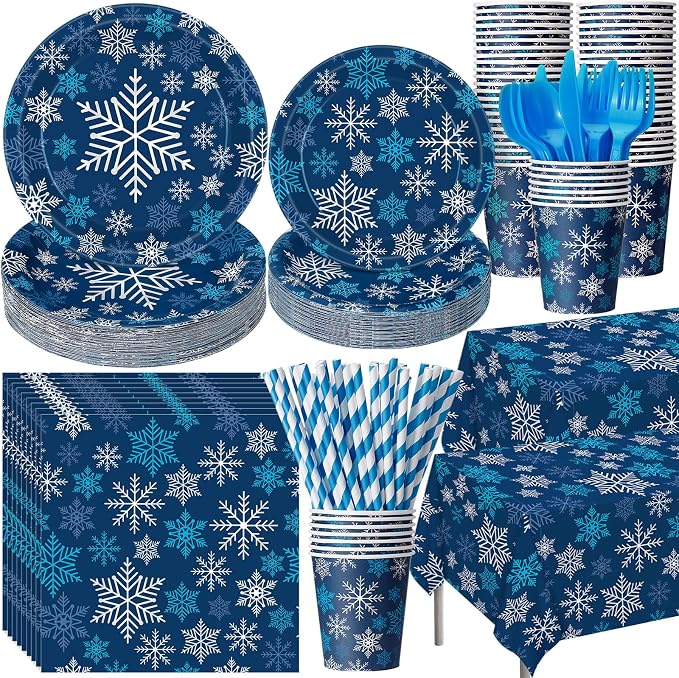 Funnymoom 452 Pcs Winter Dark Blue Snowflake Party Supplies for 50, Blue Silver White Snowflake Paper Plates Napkins Cups Tablecloth Cutlery Straws for Winter Birthday Wonderland Party Decoration
