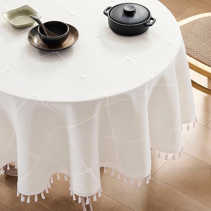 ZeeMart Boho Grid Table Cloth with Tassels (Off White, 52" Round), Heavy Weight Linen Checked Embroidered Farmhouse Tablecloth, Water Resistant Round Ivory Tablecloths