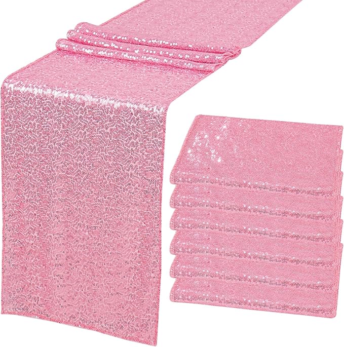 6 Pack Pink Valentine's Day Sequin Table Runner Table Cloths 12" x 70" Sparkle Table Runner for Baby Bridal Shower Wedding Birthday Party Table Decor (Pink)